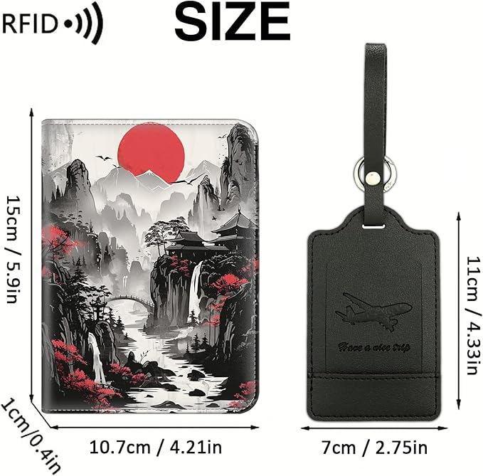 Passport Wallet, Passport Holder with RFID Blocking and Luggage Tag, Waterproof PU Leather Travel Documents Organizer Case, Passport Covers with Card Slot for Women & Men, Red Moon Japanese Landscape