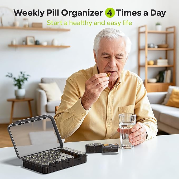 Daviky Pill Organizer 4 Times a Day - Pill Box 7 Day, Weekly Medicine Pill Organizer for Travel with Removable Containers, Pill Case to Hold Daily Vitamins, Supplements and Medication (All Black)