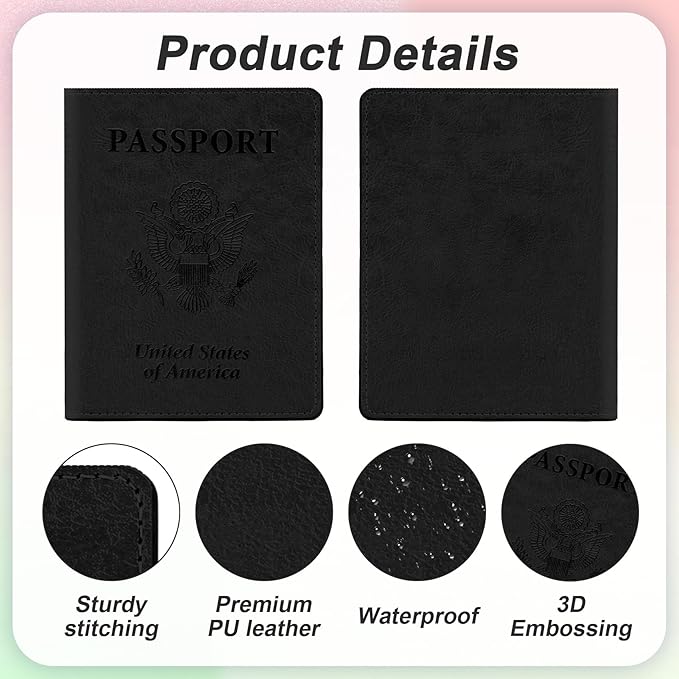 Black and Rose Gold Passport Holder, 2 PCS Passport Holder for Travel, Travel Passport Holders Must Haves for Women Men, Passport Cover Passport Wallet Case Holders for Travels Cruise Ship Essentials
