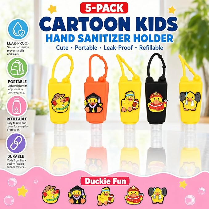 5-Pack Kids Cartoon Hand Sanitizer Holder (No Sanitizer Included), 30ml Refillable Travel Bottles with Silicone Case, Leak-Proof for Lotion & Liquid Soap (Duckie Fun)