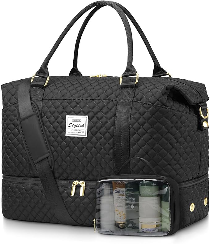 FIUAIE Overnight Weekender Bag for Women - Duffle Bags with Shoe Compartment Carry On Bag with Wet Pocket for Yoga Gym Travel Bags with Toiletry Bag for Business Trips Hospital Bags Black