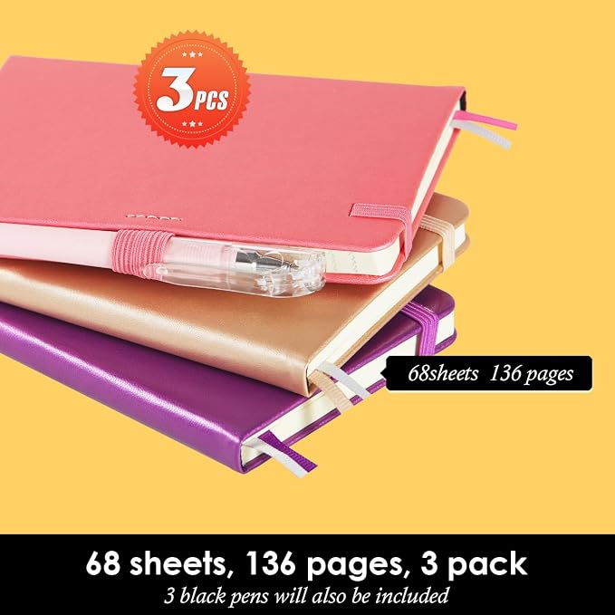 NIRMIRO 3 Pack Pocket Notebook Journal with Pen, Mini Small Notepad Notebook 3.7" x 5.7" for Women Writing, 408 Pages, Pearlescent Pink Purple Gold
