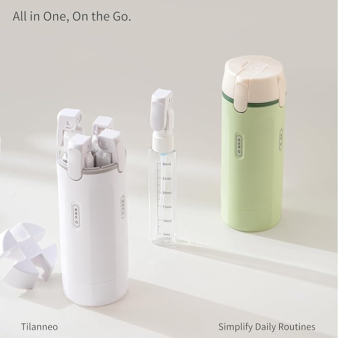 4-in-1 Travel Bottles for Toiletries, Portable Leakproof Pump Dispenser with Foldable Locking Pump, TSA Compliant Refillable Travel Containers for Shampoo, Conditioner, Lotion & Skincare(White)