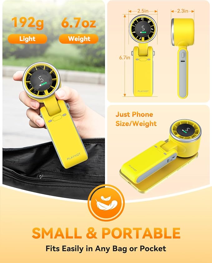 PlayHot Portable Handheld Turbo Fan, 5-Speed Personal Fan, USB-C Rechargeable Fan Up to 12 Hours, 3 IN 1 Hand Fan with Air Turbo Tech Cooling, Travel Fan for Cruise, Beach, Gifts for Women (Yellow)