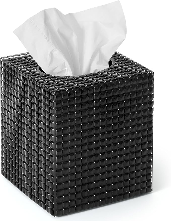 Tissue Box Cover, Black Square Acrylic Tissue Holder, Modern Decorative Facial Tissue Box Vessel Cube Paper Organizer Dispenser for Bathroom, Night Stand, Office, Vanity Countertops