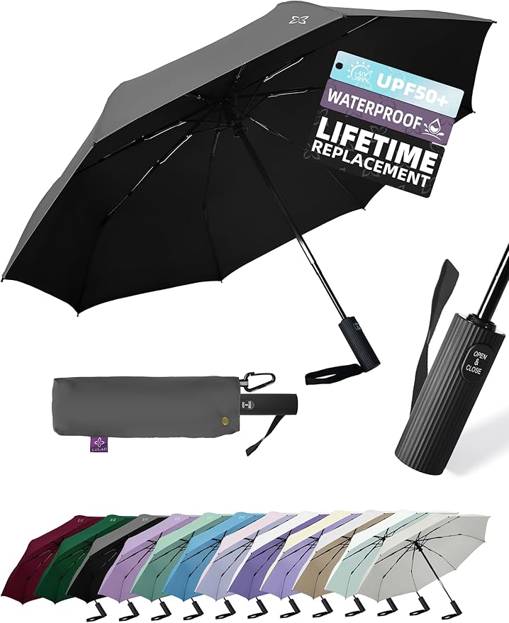 Windproof Travel Umbrella for Rain - 43" Compact Folding Umbrella, Reinforced Strong Frame, Lightweight Portable Parasol with UPF 100+ UV Sun Protection, Cruise Ship Essentials