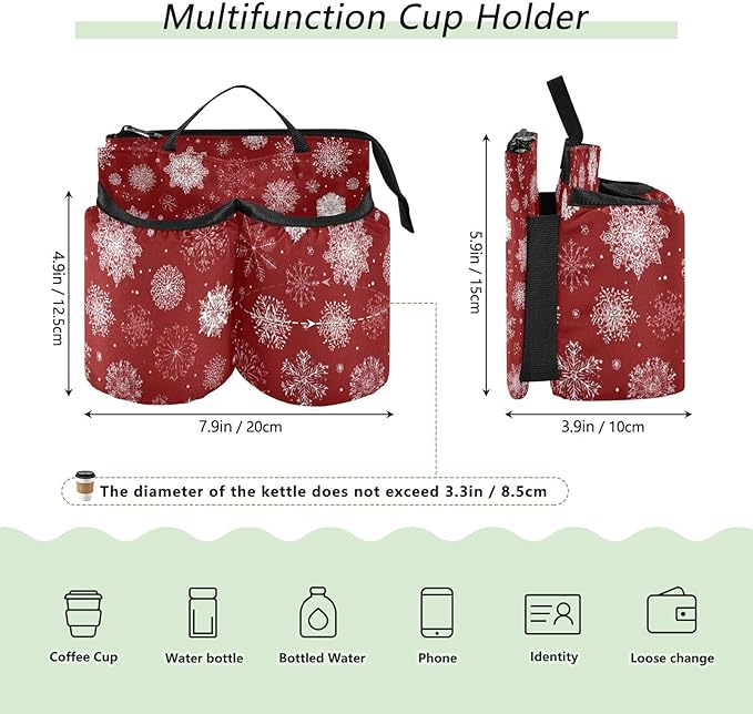 Luggage Cup Holder for Suitcases Free Hands Suitcase Cup Holder Travel Luggage Drink Holder Portable Luggage Cup Caddy Bag Carrier with Handle Red Christmas Snowflakes