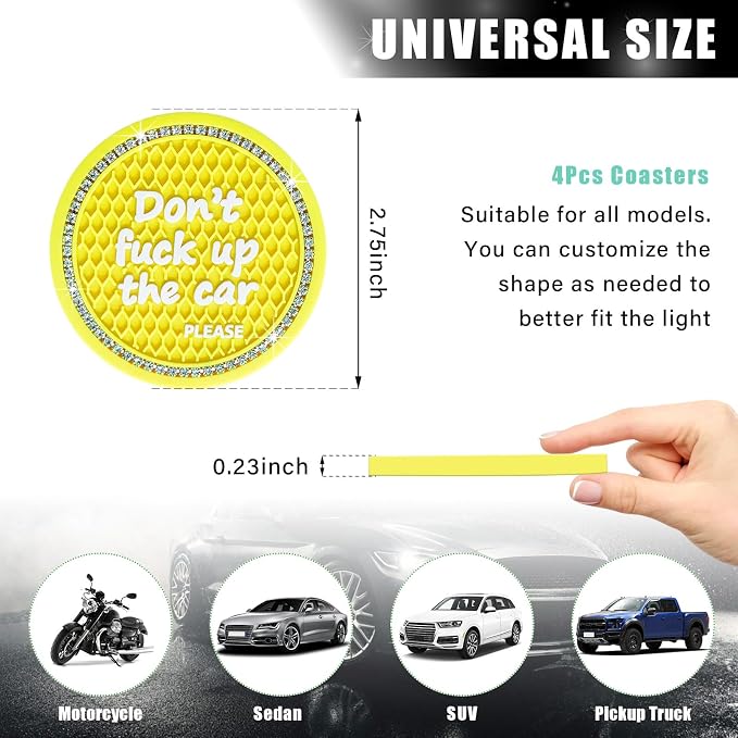Ziciner 4 Pack Bling Car Cup Holder Coaster, 2.75 Inch Anti-Slip Auto Insert Cup Coaster, Crystal Car Drink Cup Mat Perfect for Women Girls, Universal Interior Decor Accessories (Yellow)
