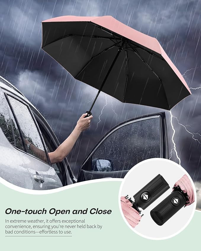 HIPPIH Compact Travel Umbrella for Rain - Windproof Automatic Umbrellas, UV Umbrella for Sun Protection with Black Anti-UV Coating, Portable Small Umbrellas for Backpack, Car, Walking, Kids, Women