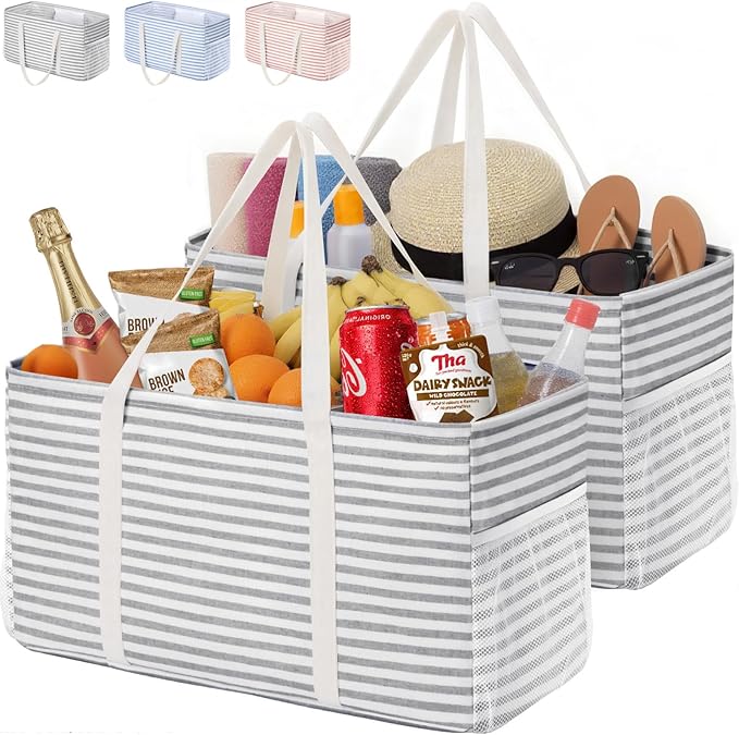 Lifewit Extra Large Tote Bag, Reusable Grocery Bags with Metal Wire Frame and Handles, Standing Utility Foldable Shopping Bags for Storage, Picnics, Beach, Laundry, Car, 46L, 2 Pack, Gray