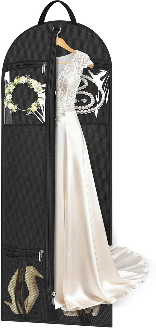 MISSLO 60" Dress Bags for Gowns Long with 4 Large Pockets Garment Bags for Travel for Women Heavy Duty Wedding Dress Bag for Hanging Clothes Garment Covers, Black