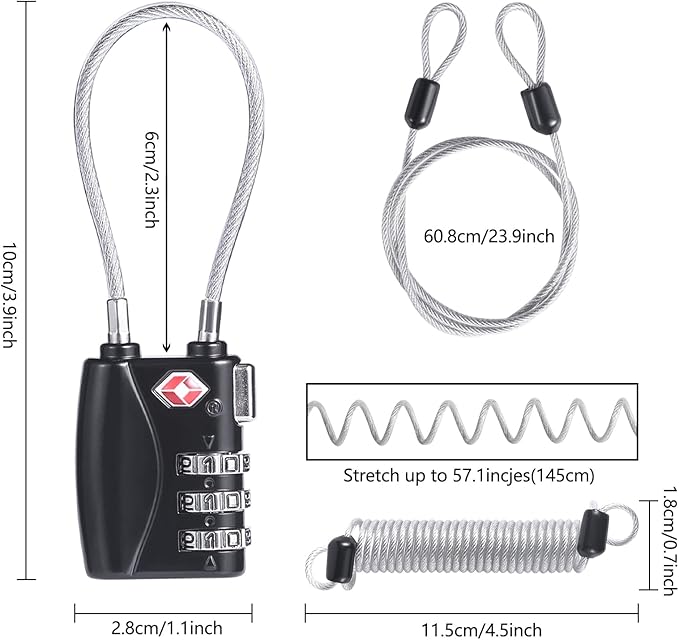 TSA Locks, Digit Combination Padlocks and Steel Cable Combination Travel Security Lock for Baggage, Suit Case, Gym, Bike Locks (TSA Luggage Locks-4)
