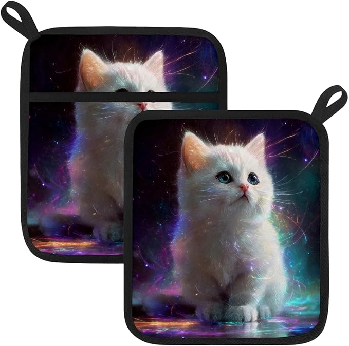 Cute White Cat Pot Holders with Pockets 2 PCS, Heat Resistant Oven Mitts Hot Pads for Kitchen Baking Cooking, Square Thick Pot Holders Kitchen Hot Potholders, 8.5x10 Inches
