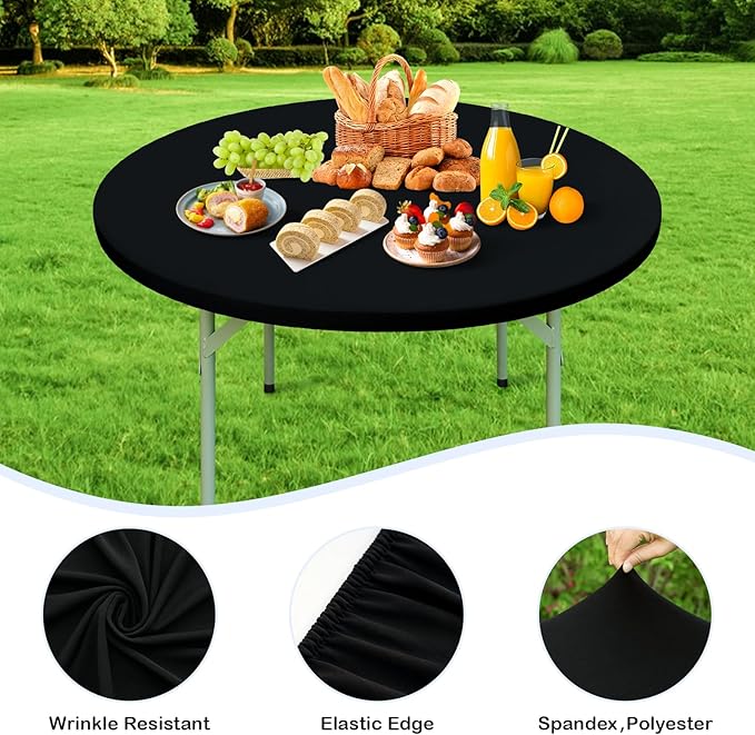 Wolkemer 2 Pack 5 Foot Black Fitted Tablecloth 60 Inch Round Elastic Edges Table Cloth, Spandex Stretch Table Cover with Machine Washable Fabric for Wedding Party Picnic Dining Indoor Outdoor