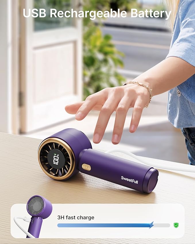 SWEETFULL Mini Fan Portable - Cute Handheld Turbo Fan with Rechargeable Battery, 5 Speeds, Small Hand Personal Travel Essentials for Women, Girls, Kids, Lash, Makeup - Royal Purple