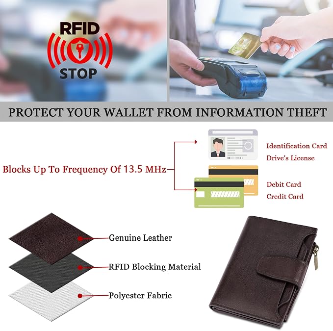 Airkit Small Wallet Women RFID Blocking Genuine Leather Bifold Compact Card Holder Wallet for Women with Zipper Coin Pocket 4 ID Window