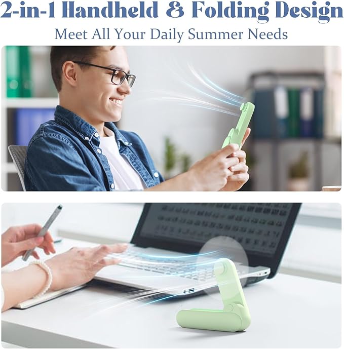 Portable Handheld Fan, 2 IN 1 Mini Hand Fan, Battery Operated [8-15 Working Hours], USB Rechargeable Personal Foldable Fan for Indoor, Small Pocket Fans Travel Essentials for Outdoor (Green)