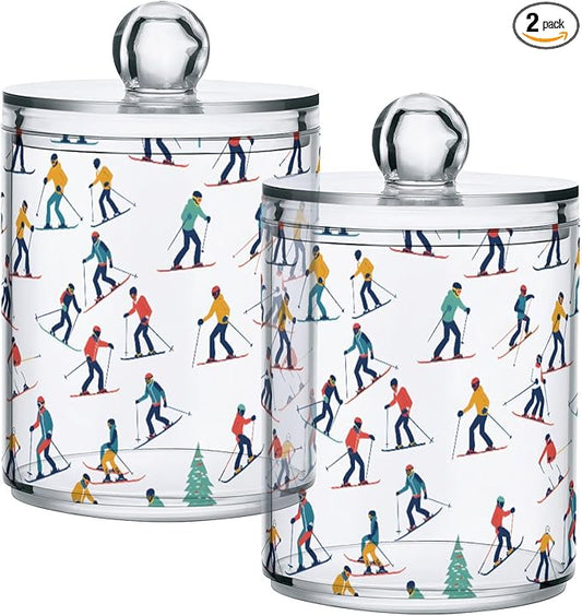 2 Pack Qtip Holder Organizer Dispenser Winter Sports Skiers Bathroom Storage Canister Cotton Ball Holder Container for Cotton Pads/Swabs/Floss