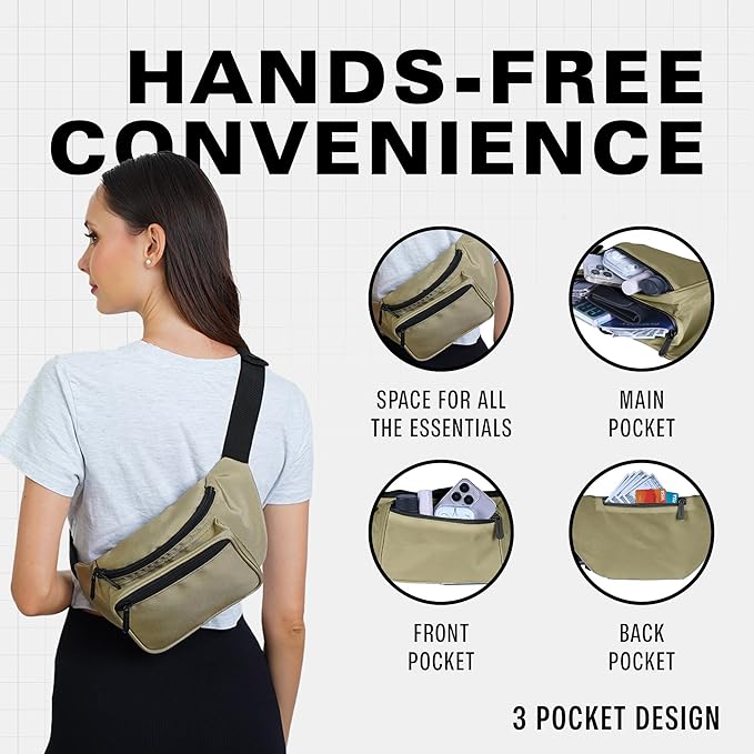 Olive Green Fanny Pack Belt bag - Crossbody Waist Bag for Men or Women - Hands-Free, Waterproof Large Bumbag for Hiking, Running, and Travel