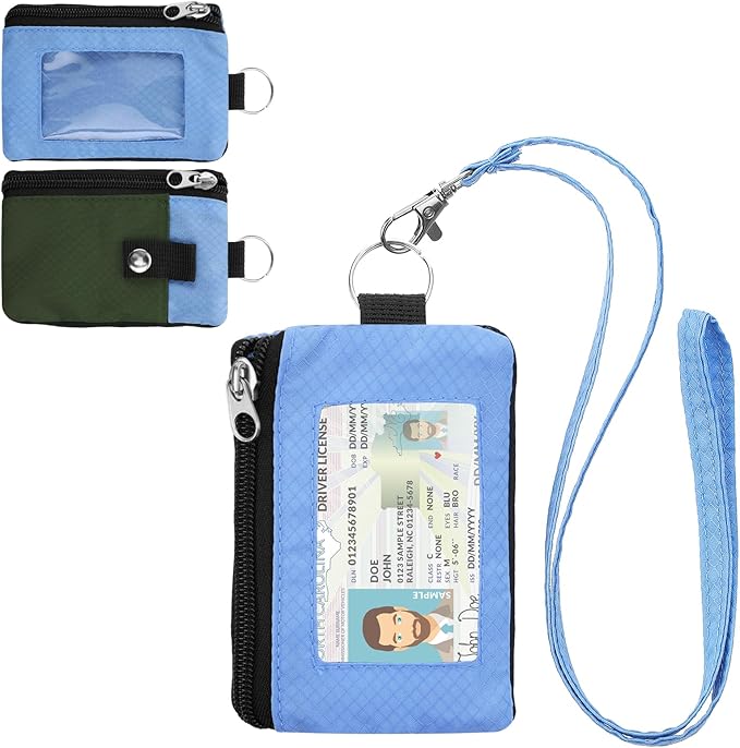 Minimalist RFID Wallet with Lanyard, Multi-Functional ID Case with 2 Zipper Pockets and Key Chain for Men and Women, Tactical Badge Pouch Cards Holder, Coin Purse for Travel Sports - Green&Blue