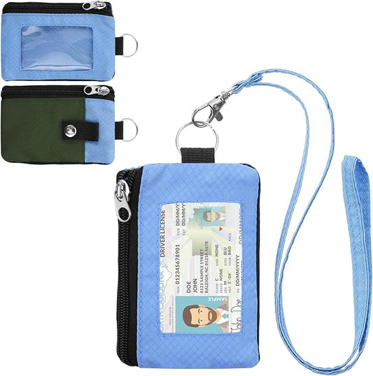 Minimalist RFID Wallet with Lanyard, Multi-Functional ID Case with 2 Zipper Pockets and Key Chain for Men and Women, Tactical Badge Pouch Cards Holder, Coin Purse for Travel Sports - Green&Blue