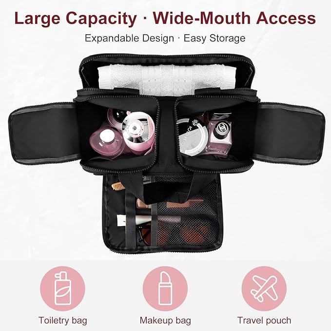 Travel Makeup Bag, Portable Travel Bag with Hanging Hook for Women, Waterproof and Hanging Toiletry Bags Travel Organizer Accessories for Travel Essentials,Black