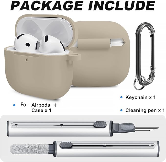 Silicone Case Cover for AirPods 4th Gen, Soft Skin, Full Protection, Keychain, Cleaner Kit (Milk Tea)