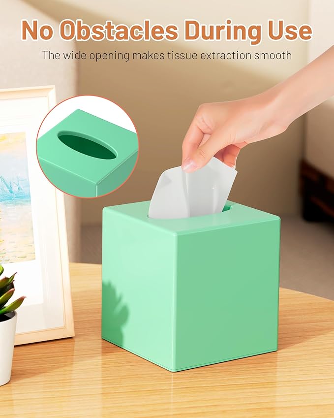 Tissue Box Cover, Square Plastic Tissue Box Holder with Anti Slip Base, Modern Decor Facial Napkin Holder for Bathroom Vanity Countertop, Bedroom Dresser, Night Stand, Parlors, Offices, Green