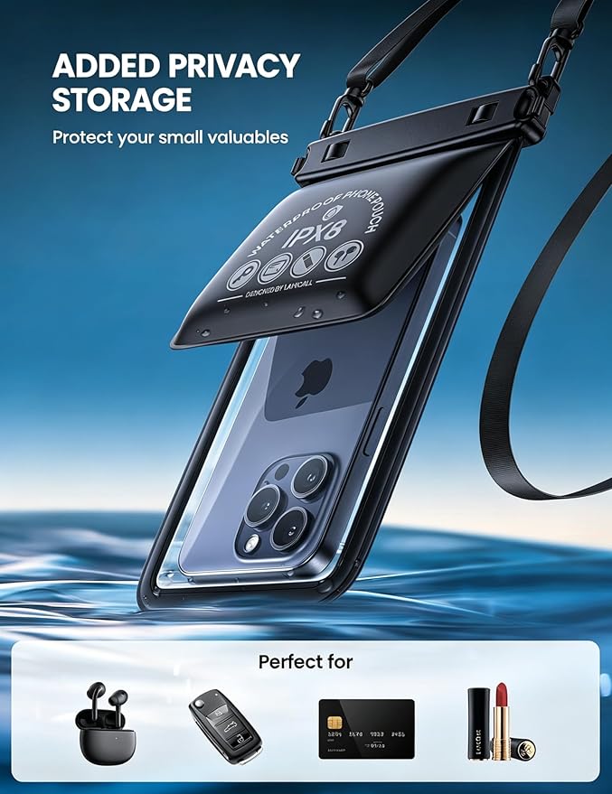 Lamicall Double Pocket Waterproof Phone Pouch - IPX8 Dry Bag - Privacy Storage for Card & Key - Cruise Ship, Beach Essentials for iPhone 17 16 15 14 13 Pro Max, Galaxy S25, for Bulky Cases up to 7.5"