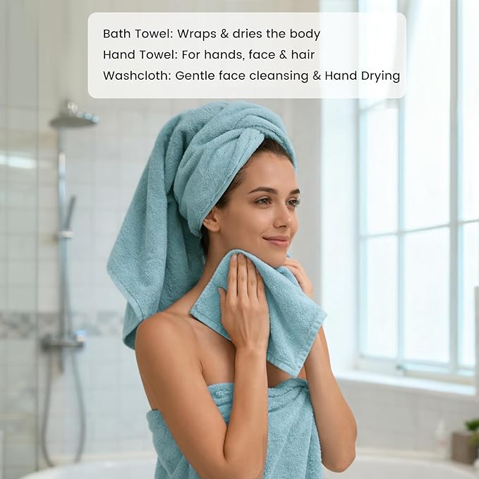 SEMAXE Bath Towel Set, 12 Piece Cotton Towel Set for Bathroom, More Towels for Family Use, Quick Dry with Hanging Loops, Easy Care, Blue