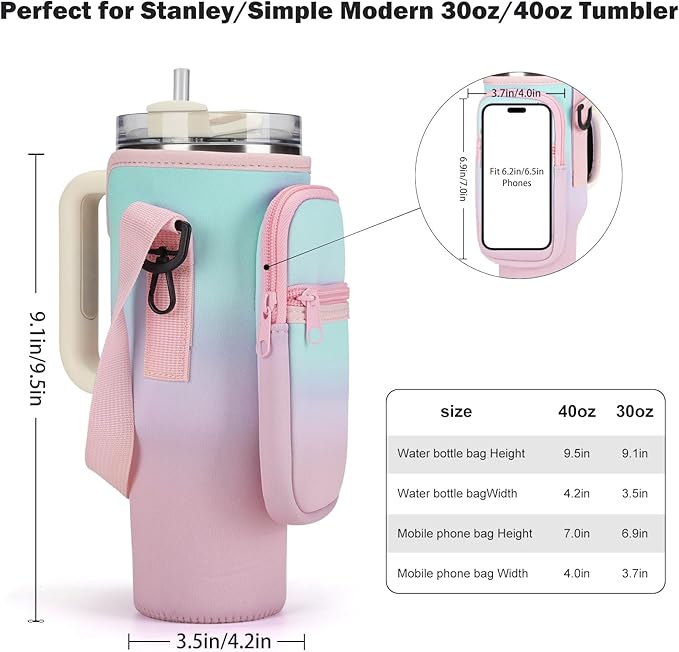 GOEWY Water Bottle Carrier Bag for Stanley 40/30 oz Tumbler with Phone Pocket Neoprene Water Bottle Holder with Shoulder & Handheld Strap Stanley Cup Accessories