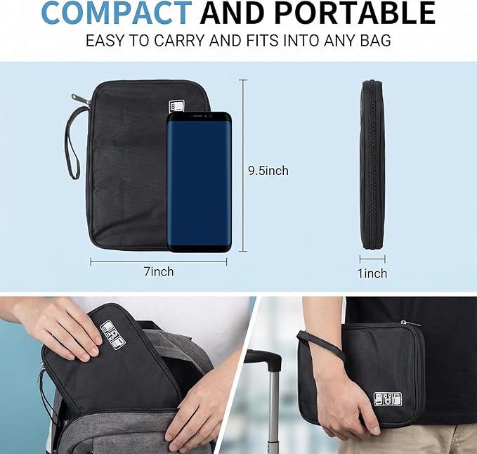 Charger Organizers Travel Case Cord Travel Harger Case Cable Organizer Bag Electronics Organizers Tech Pouch Portable Waterproof for Cords, Chargers, Earphones, Phone, SD Cards, USBs, Black