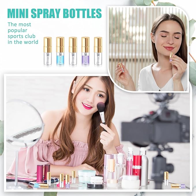 Zhehao 1 Pcs Mini Spray Bottles Clear Glass Perfume Bottles Refillable Fine Mist Perfume Atomizer Portable Empty Sample Containers for Cleaning, Essential Oils, Travel (Gold Cap,2 ml)
