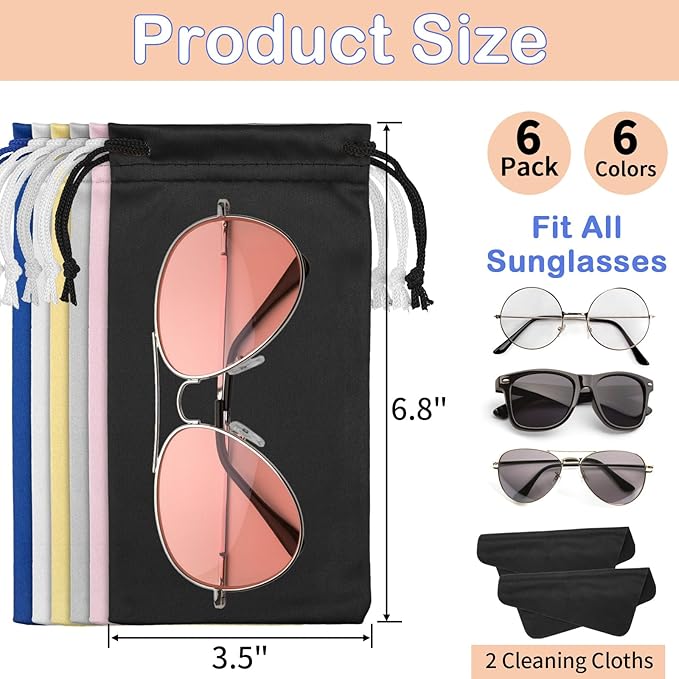Hoiny 6 Pcs Microfiber Glasses Sunglasses Pouch with 2 Cleaning Cloths, Soft Drawstring Storage Bag for Phone, Eyeglass Case