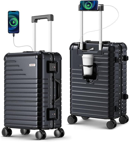 24 Inch Checked Luggage with Cup Holder, Aluminum Frame PC Hard Shell Suitcase, 360° Spinner Wheels, TSA Lock for Short Trips and Business Travel