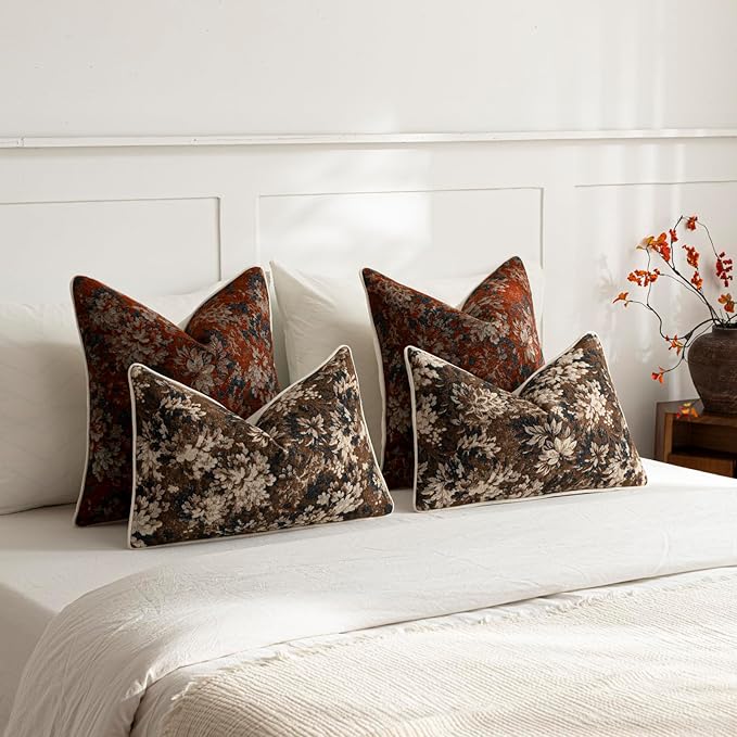 DEZENE Pack of 2 Vintage Floral Throw Pillow Covers 18x18 Boho Farmhouse Accents Chenille Square Decorative Pillow Cases for Living Room Couch Bed Home Decor, Rust