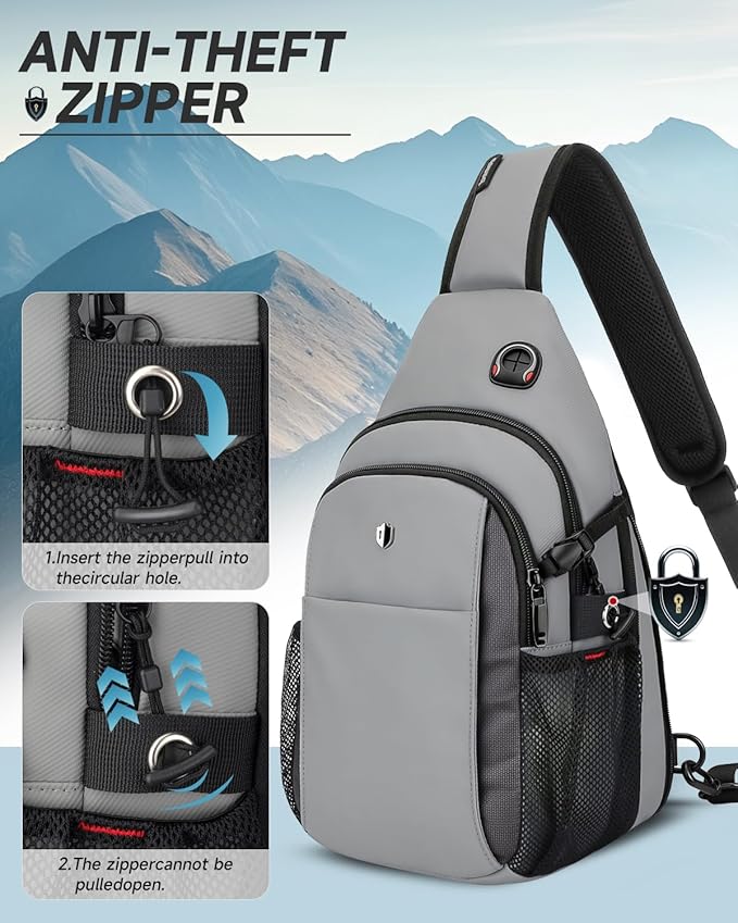 Expandable Sling Bag for Men, Anti-Theft Chest Pack with Water Bottle Pocket & Earphone Port, Crossbody Backpack for Hiking, Travel & Outdoor, Fits Switch 2, 11 Inch iPad, Grey | Mens Crossbody Bag