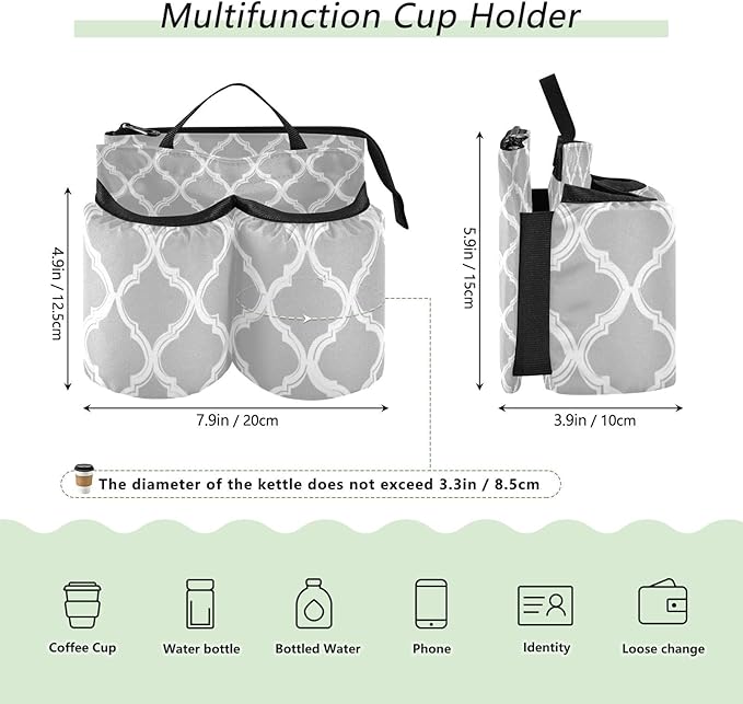 Luggage Cup Holder for Suitcases Free Hands Suitcase Cup Holder Travel Luggage Drink Holder Portable Luggage Cup Caddy Bag Carrier with Handle Silver Minimalist Quatrefoil