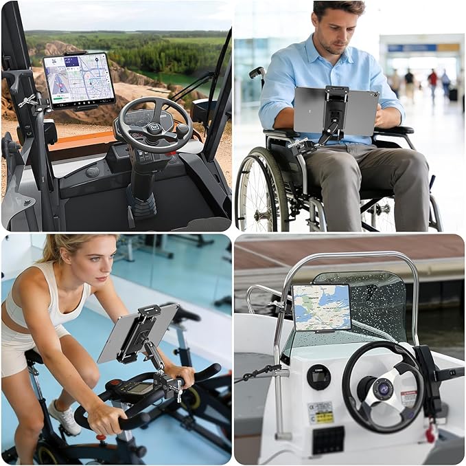 elitehood Aluminum Dual Ball Head Tablet Holder for Mic Stand, Adjustable iPad Mic Stand Holder, Strong Metal iPad Clamp Mount for Aircraft Yoke, Loader, Tractor, Boat, Wheelchair, Stroller, Treadmill
