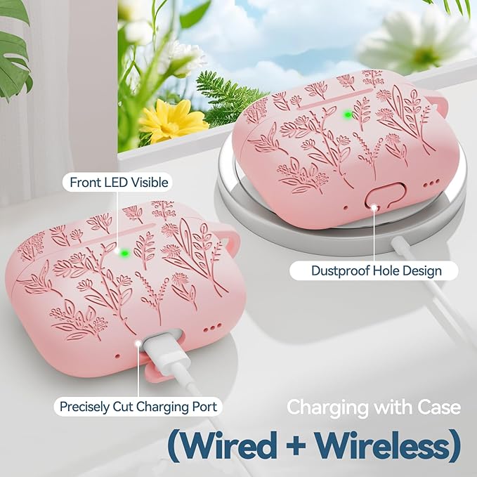 Flower Engraved Case for Apple AirPods Pro 2 Gen with Clean Kit,Soft Silicone Protective Case Cover for AirPods Pro 2nd/1st Generation AirPod Case Carabiner,Front LED Visible,Pink