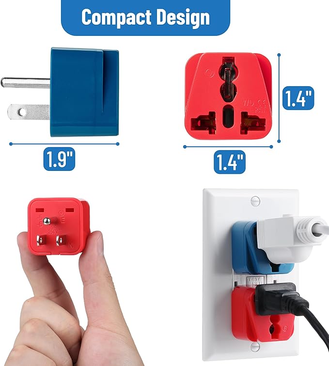 Bates- UK to US Plug Adapter, 2 Pack, Blue and Red, EU to US Plug Adapter