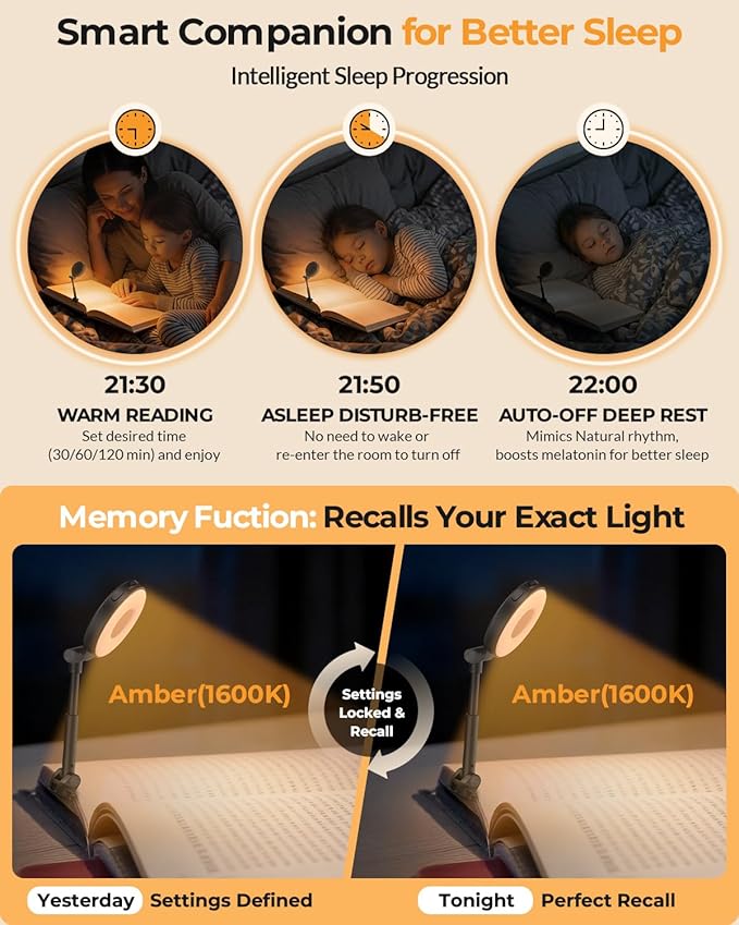 Reading Lights for Books in Bed:18 LED Rechargeable Clip-on Book Light with Timer & Memory Eye Caring 3 Color Temperature Stepless Dimming Portable Night Lamp Gifts for Men Kids Book Lovers