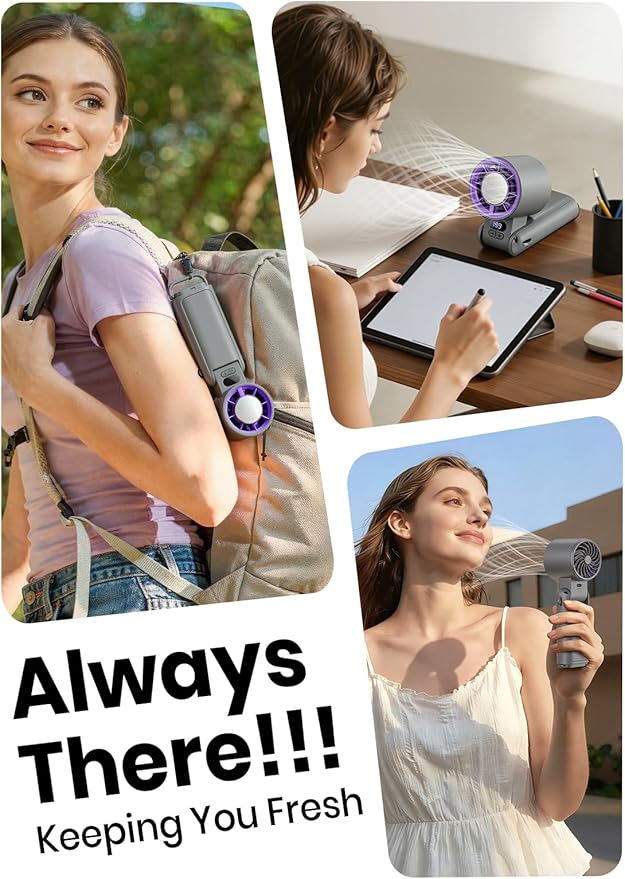 Portable Handheld Turbo Fan, 1-199 Speed Adjustable with LED Display, High-Power Motor, Rechargeable Battery, 4 IN 1 Pocket Design Mini Fans for Indoor/Outdoor/Travel/Work, Grey Purple