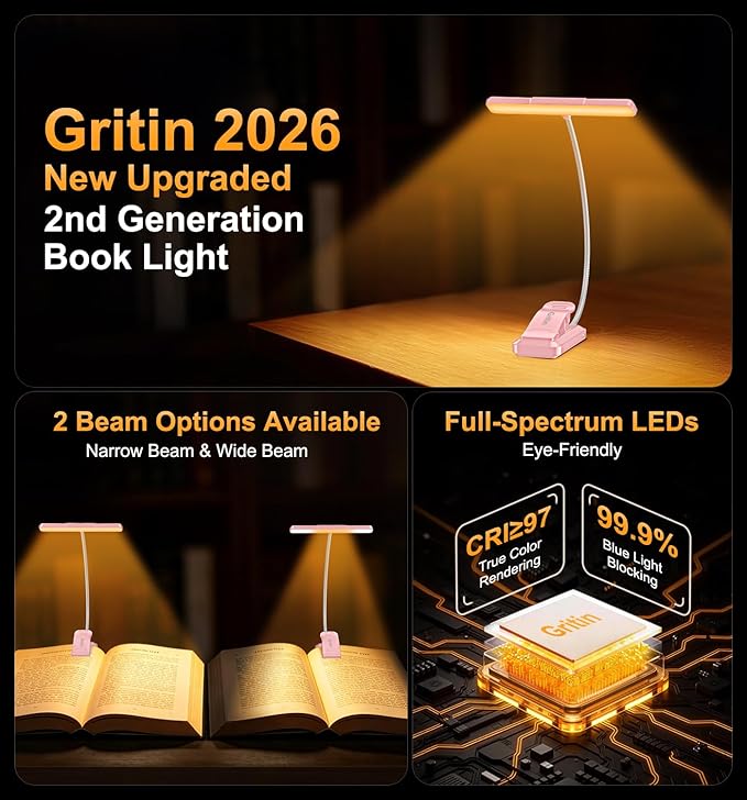 Gritin 2026 Gen 2 Book Light for Reading- 32 Eye Caring Full Spectrum LED, 5 Colors & 5 Brightness, Adjustable Wide/Narrow Beam, Upgrade 1500mAh Long-Lasting Clip on Light for Book Lovers-Pink