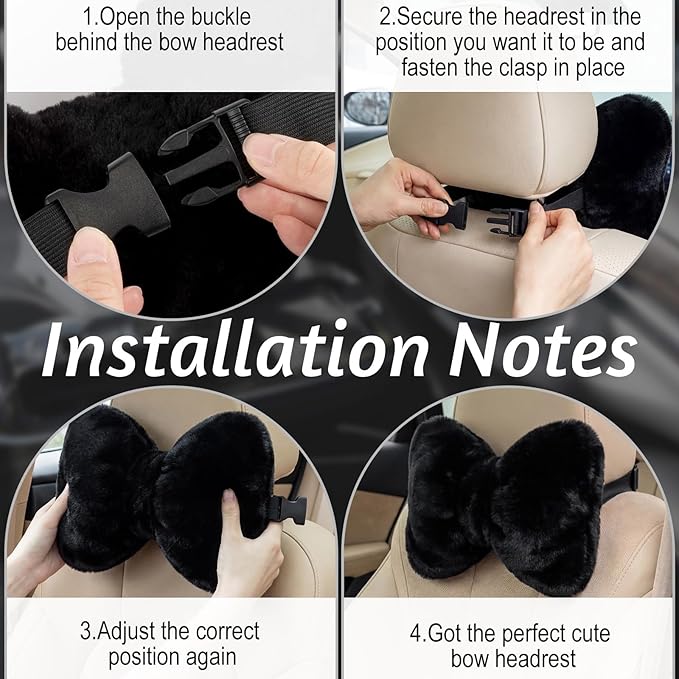Macarrie 2 Pcs Car Neck Pillow Velvet Bow Headrest Pillow Soft Comfortable Seat Neck Support Cute Bow Car Accessories for Driving Travel Driver Chair Girl Style Interior Decor (Solid,Black)