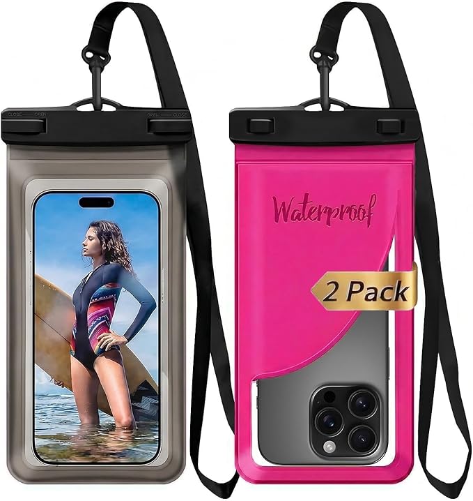 Waterproof Phone Case, with Inside Card Bag, Waterproof Phone Pouch for iPhone, Cell Phone Dry Bag for Cruise Travel Vacation Accessories Large Phone Holder, Transparent Black + Rose Red, 2Pcs