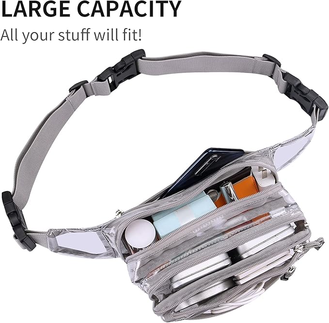 Clear Bag Stadium Approved Transparent Fanny Pack for Women for Work,Multi-purpose Waist Bag for Travel & Sporting Event (Grey Clear)