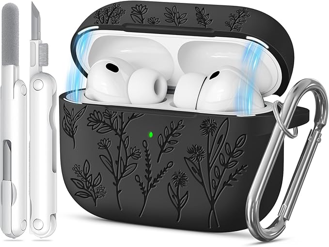 for Airpods Pro 3 Case with Magnetic Lid, Flower Engraved Cases for Apple AirPods Pro 3rd Generation 2025, Soft Silicone Cover for Women Girly with Cleaner & Keychain, Shockproof