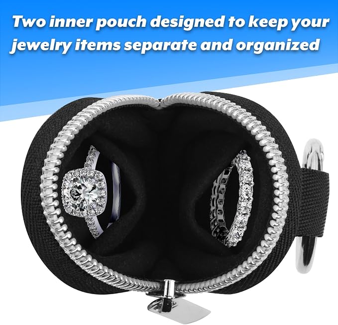Portable Ring Organizer Case with Keychain, Traveling Ring Holder Storage Bag, Anti-Lost Keychain Container for Rings, Jewelry (2, Black)