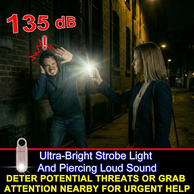 135dB Rechargeable Personal Safety Alarm Strobe Light Flashlight Keychain Siren for Women, Girls, College, School Students Emergency SOS Alerts Loud Sound Hiking Alarm Torchlight Bear Deterrent. Gold